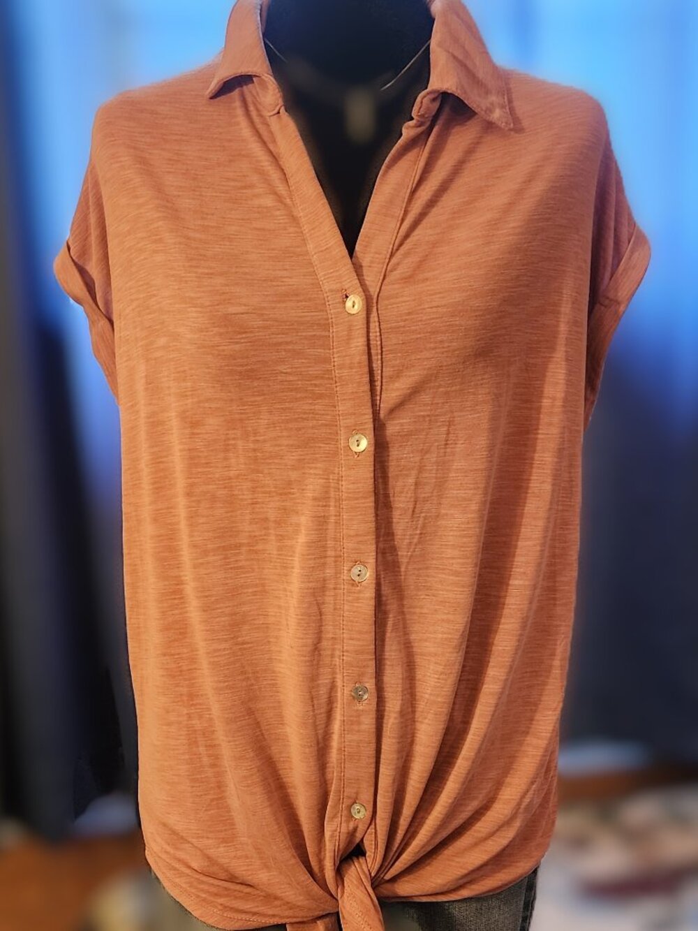Green Envelope rust-color SS button down blouse Size L